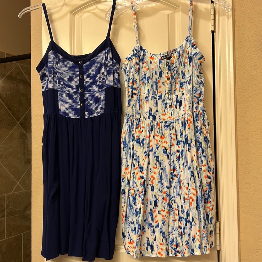 2 summer Express dresses- 1-Navy Blue / white on top, the other is multi color